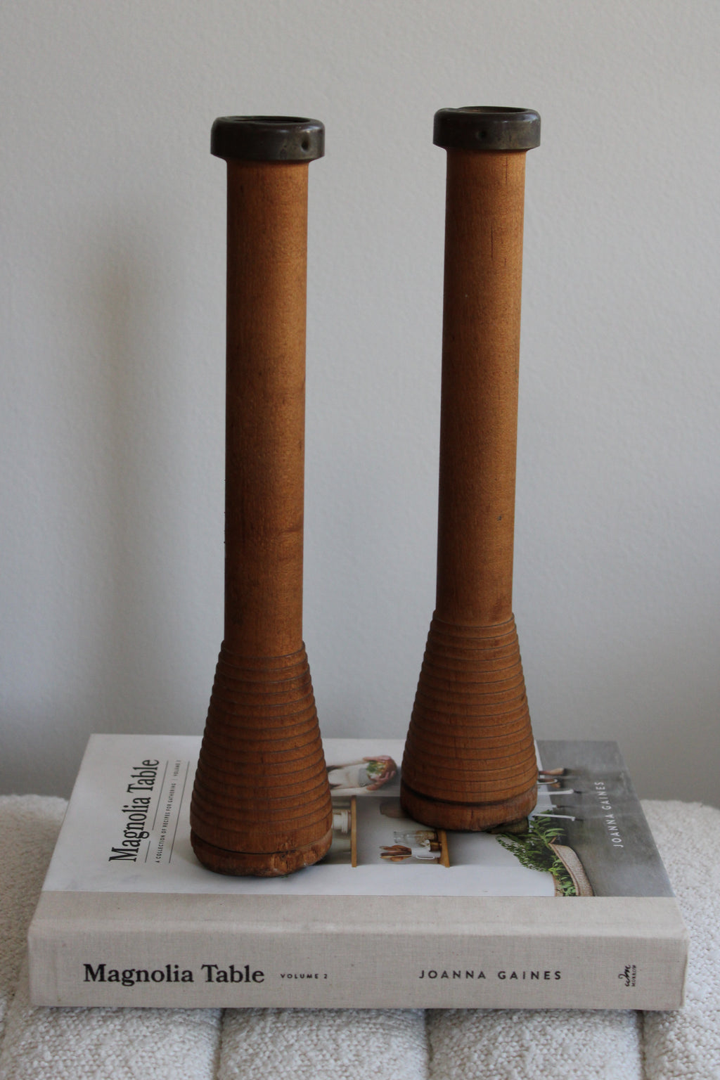 Antique Wood Textile Mill Bobbin Spool Candleholders