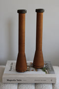 Antique Wood Textile Mill Bobbin Spool Candleholders