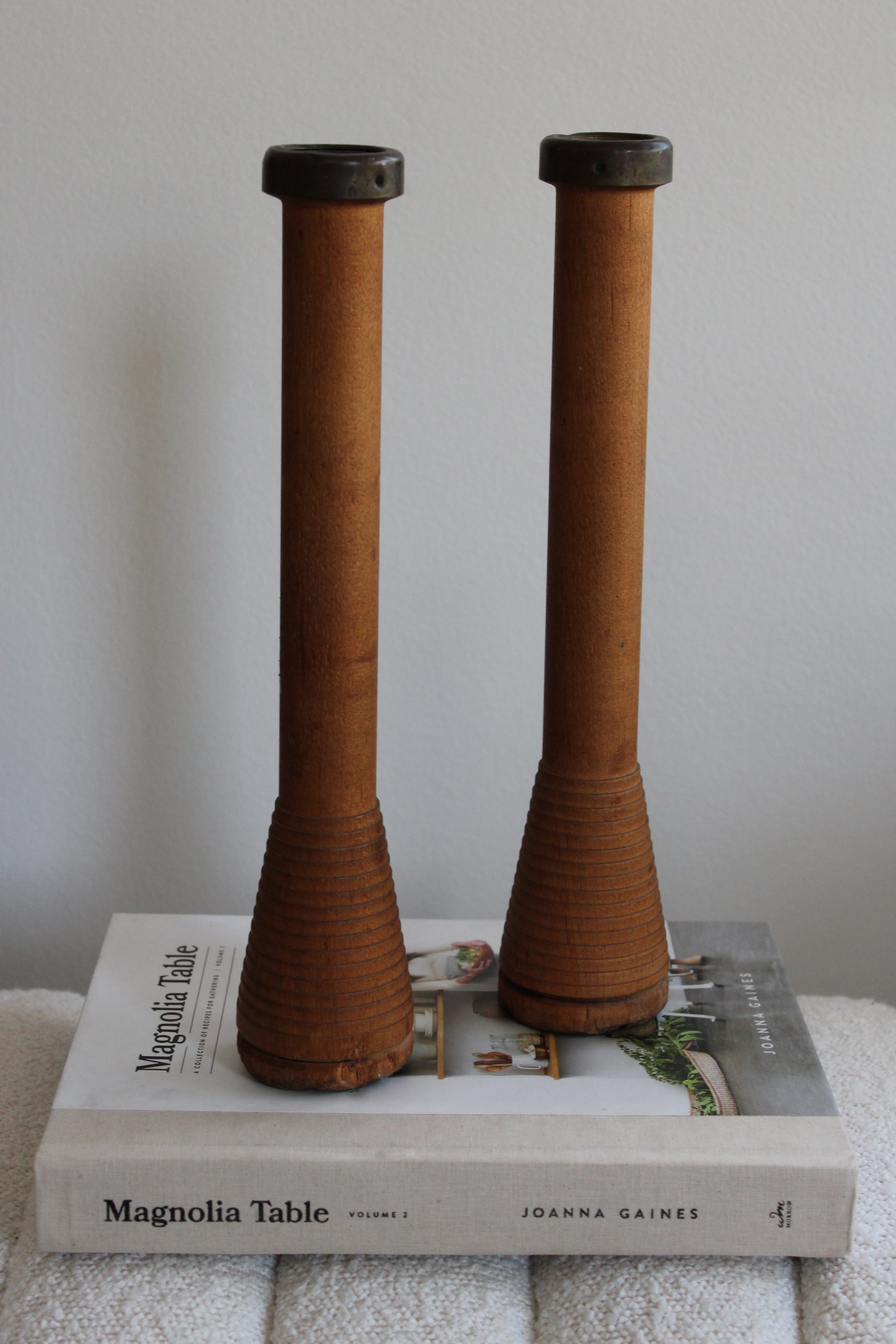 Antique Wood Textile Mill Bobbin Spool Candleholders