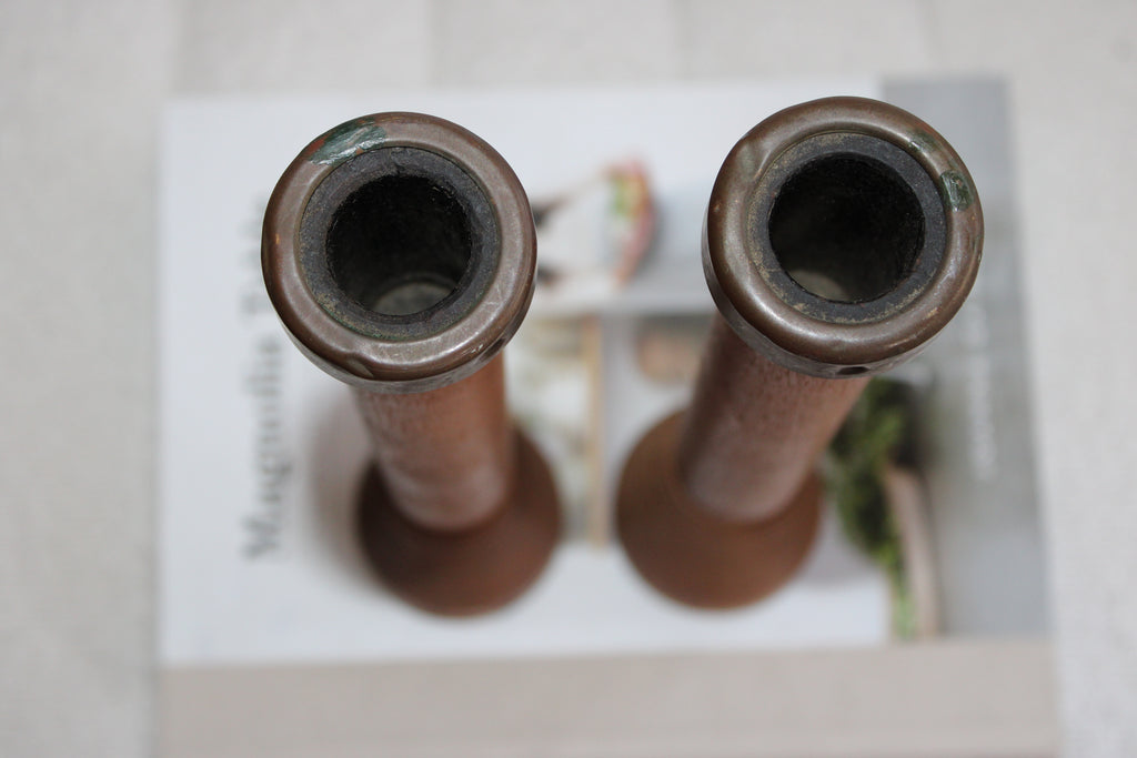 Antique Wood Textile Mill Bobbin Spool Candleholders