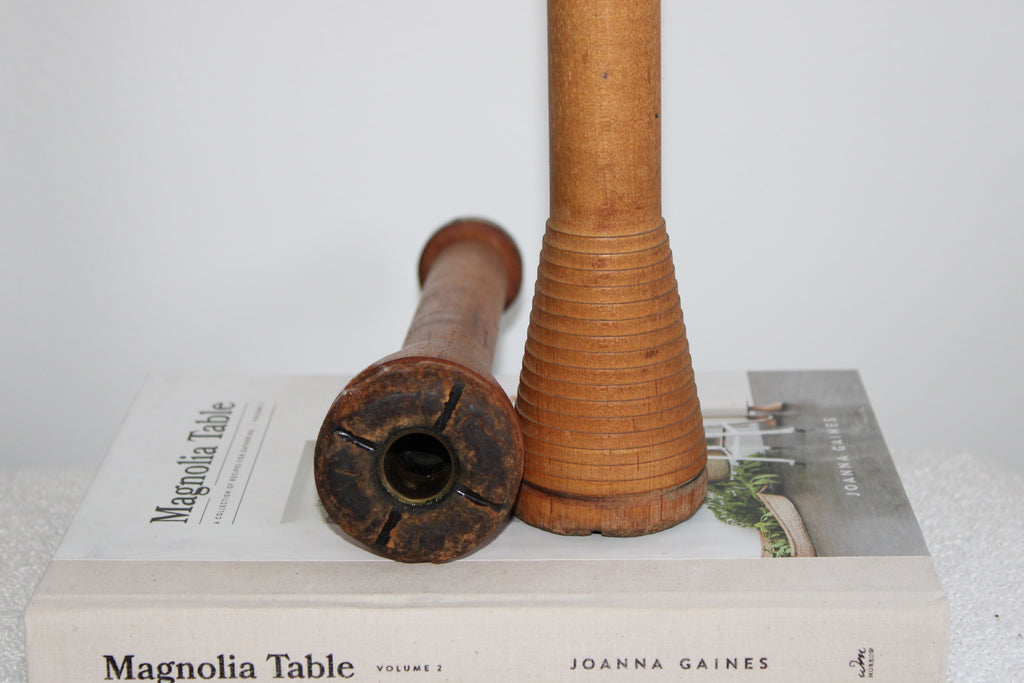 Antique Wood Textile Mill Bobbin Spool Candleholders