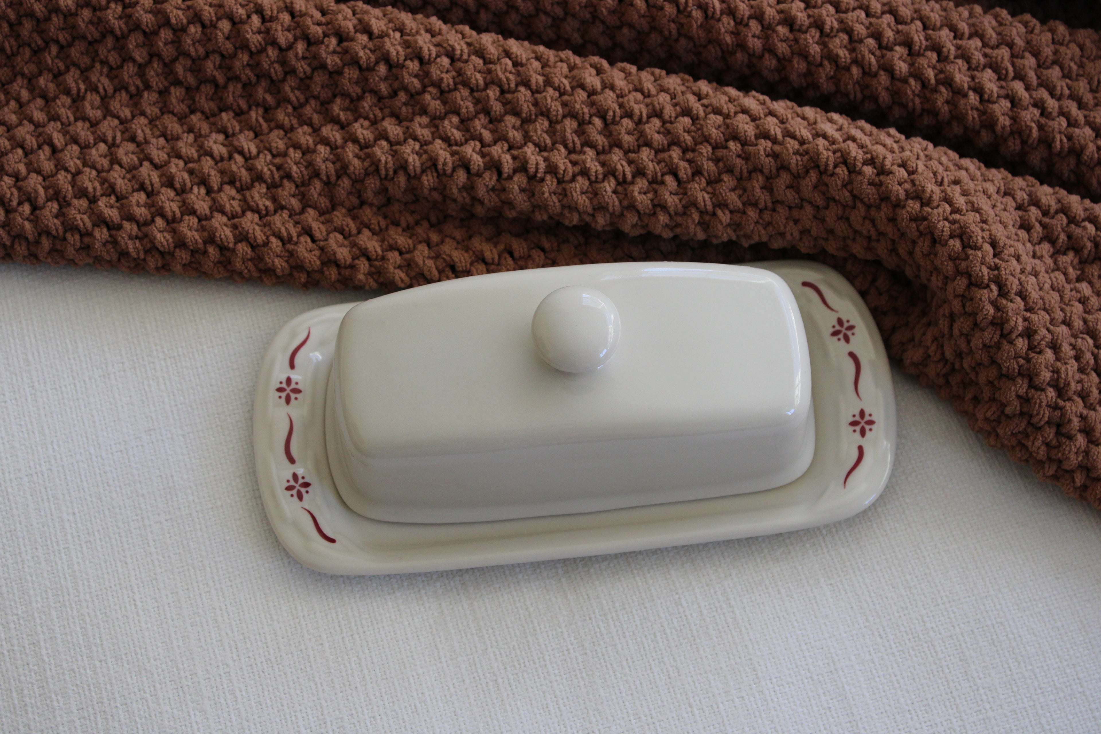 Longaberger Pottery Woven Traditions Red covered butter dish