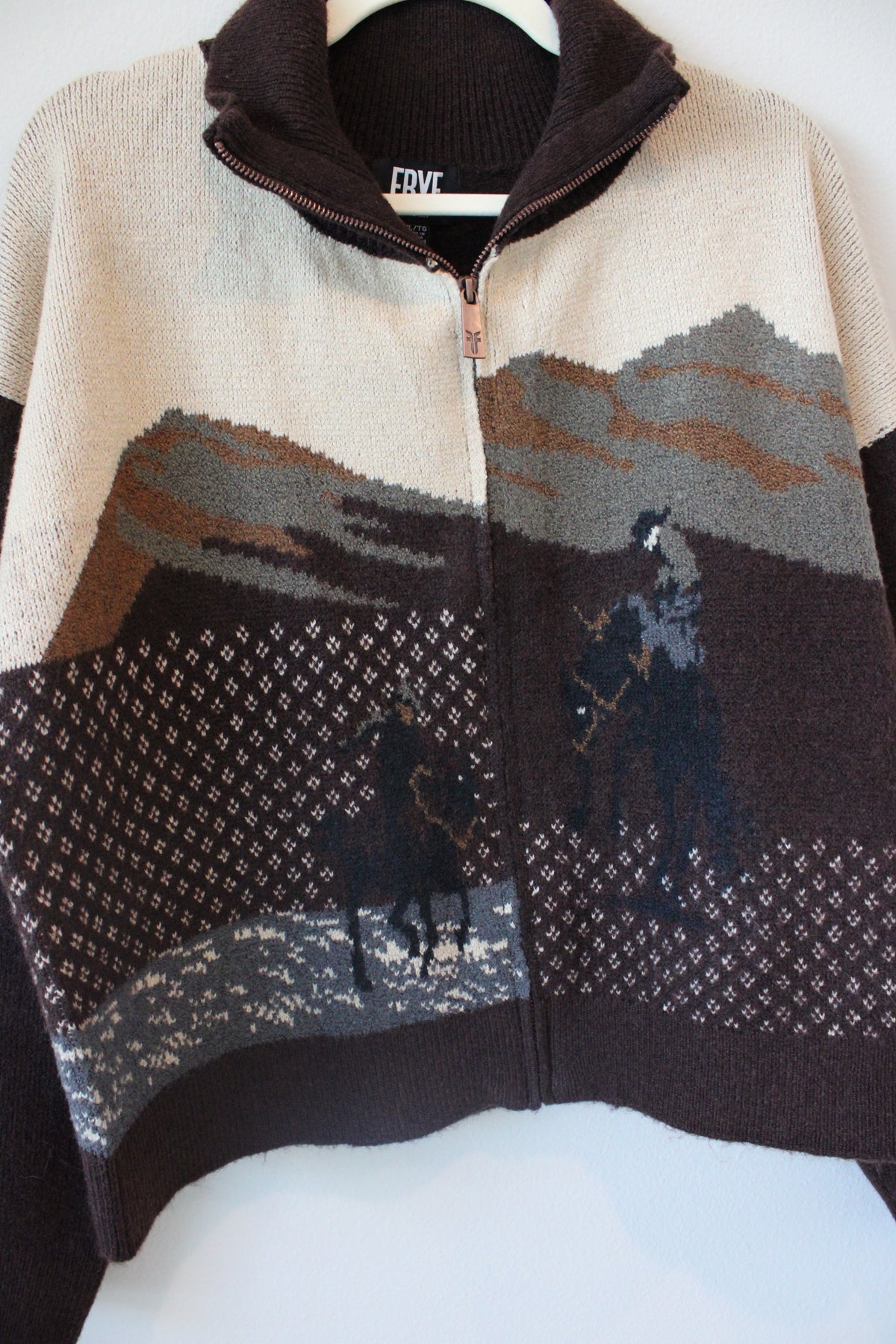 Frye western landscape horse rider zip sweater